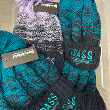 Load image into Gallery viewer, A collection of bobble hats in black, gray, and blue with 'BADASS MOTHER RUNNER' text and a logo embroidered on the black band.