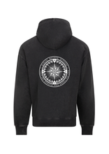 Load image into Gallery viewer, Black hoodie with a Tolkien quote and compass design on the back