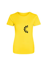 Load image into Gallery viewer, Yellow t-shirt with a black bike chain logo on a white background