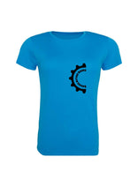 Load image into Gallery viewer, Blue t-shirt with a black gear-like logo on a white background
