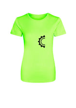Load image into Gallery viewer, Neon green t-shirt with a black gear logo on a white background