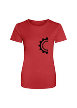 Load image into Gallery viewer, Red t-shirt with a black gear logo on a white background