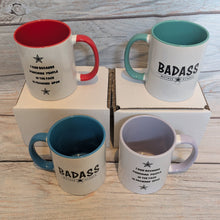 Load image into Gallery viewer, Four mugs with 'BADASS' text and stars on a wooden surface