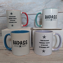 Load image into Gallery viewer, Four mugs with 'BADASS' and humorous text on a wooden surface