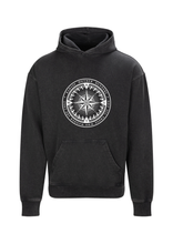 Load image into Gallery viewer, Black hoodie with a Tolkien quote and compass design on the front