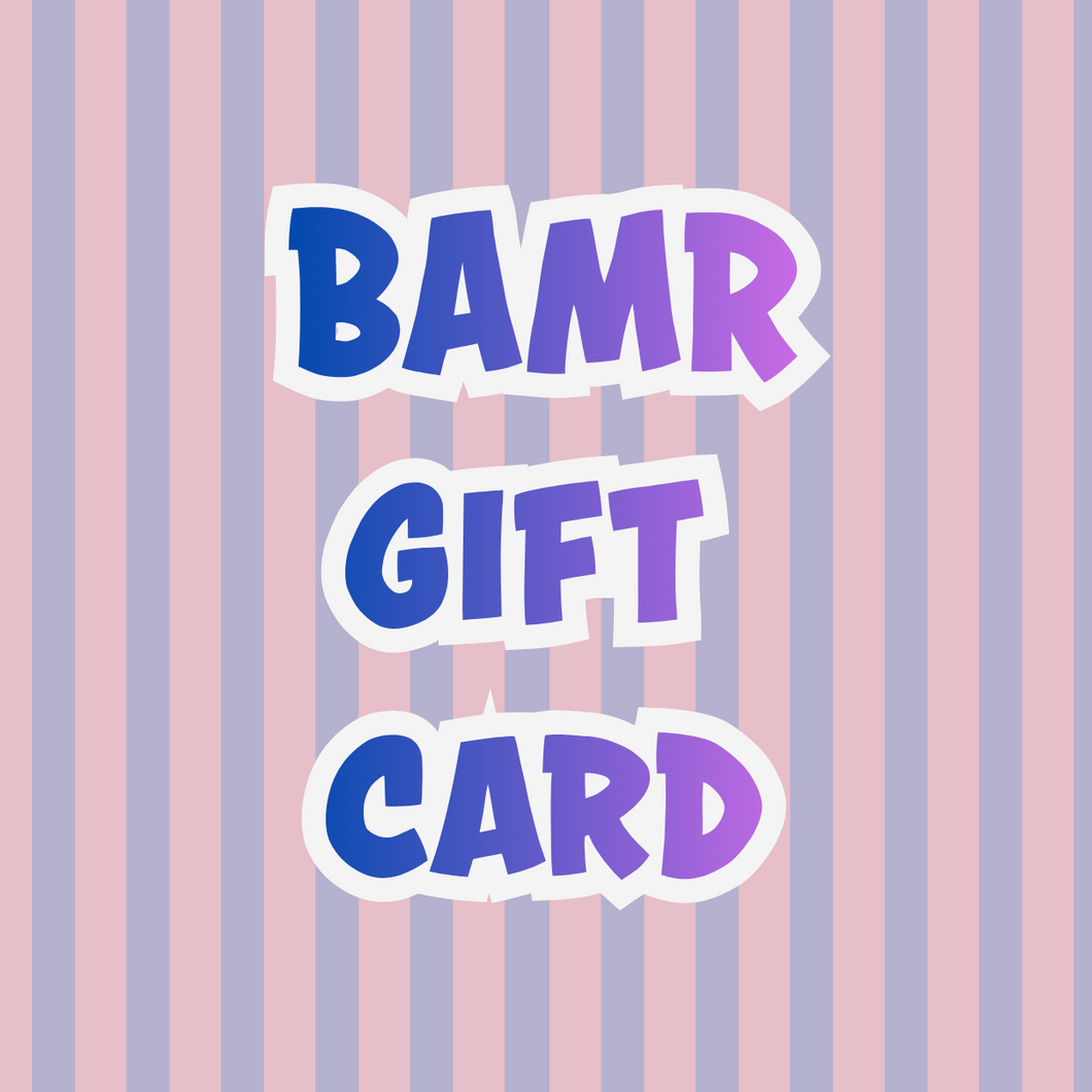 BAMR Gift Card text on a striped pink and purple background