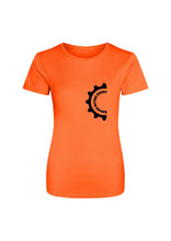 Load image into Gallery viewer, Orange t-shirt with a black bike gear logo on a white background
