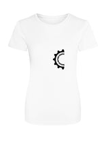 Load image into Gallery viewer, White t-shirt with a black gear logo on a white background
